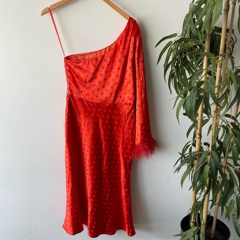 Vici Dress Womens Medium Red Polka Dot One Shoulder Feather Luxe Regal Midi